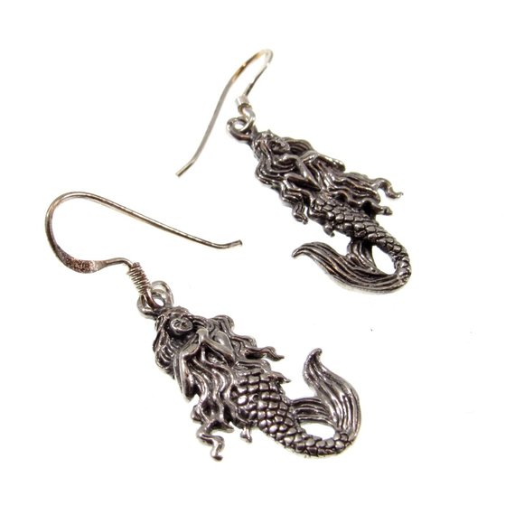 Handcrafted Solid 925 Sterling Silver 3D Mermaid Drop Dangle Hook Earrings - Picture 3 of 5
